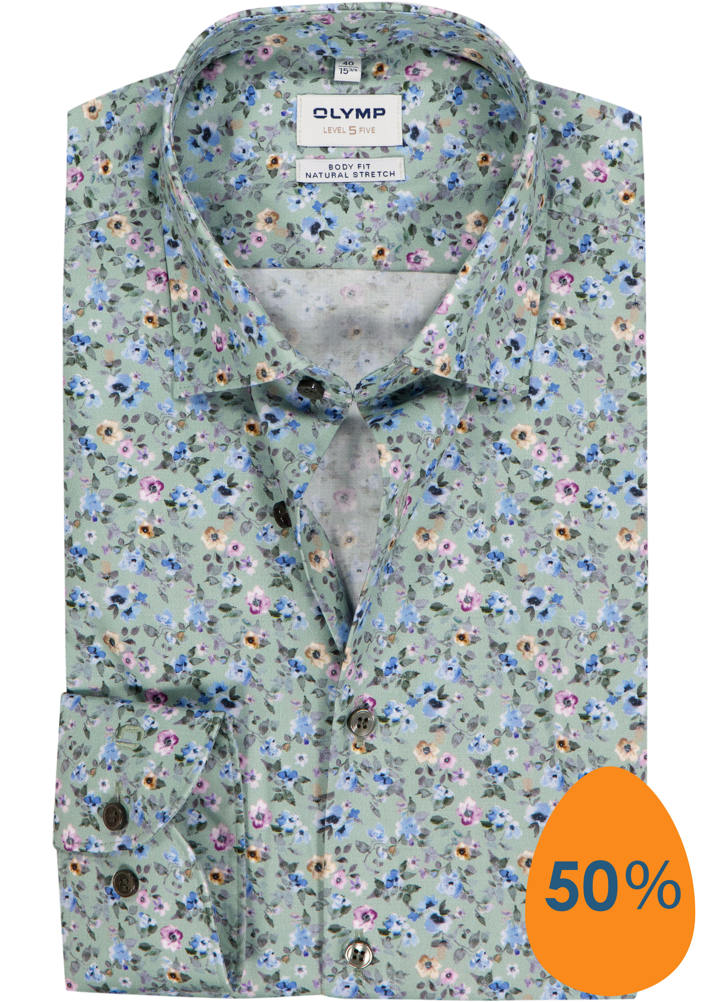 OLYMP Level 5 body fit overhemd, mouwlengte 7, dobby, groen met blauw en roze bloemetjes dessin